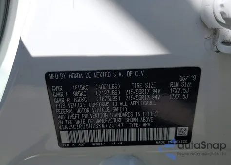 2019 Honda Hr-V Ex-L z USA, uszkodzony, nr VIN 3CZRU5H76KM720147